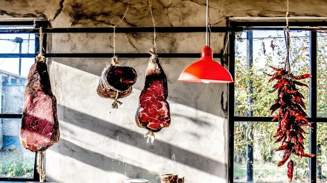 cured. Rustic kitchen with hanging cured meats and red peppers. menu design, packaging mockups, designed for food delivery and cloud-kitchen brand materials, used by curriculum designers.