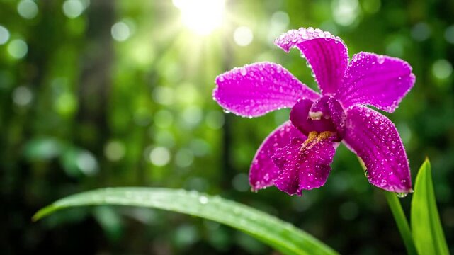 Macro Detail Bloom Extreme close up shot focusing on the intricate patterns, textures, and vibrant colors of a single wild orchid bloom, glistening with morning dew drops.