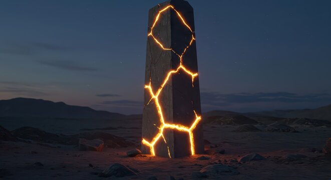 Mysterious dark monolith emits bright glowing energy through deep fissures in a desolate landscape at twilight
