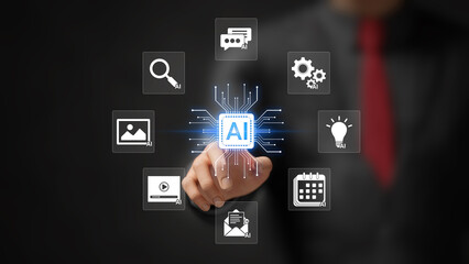 AI, Artificial intelligence. Automation tools, emails, chatbots, image and video generation, search engine, voice, planning, business ideas. Businessman touching AI chip on virtual screen. 3D image
