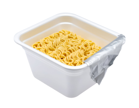 Instant noodles in a white plastic bowl with partially peeled foil lid, dry ramen block convenience food packaging ready to cook on isolated background