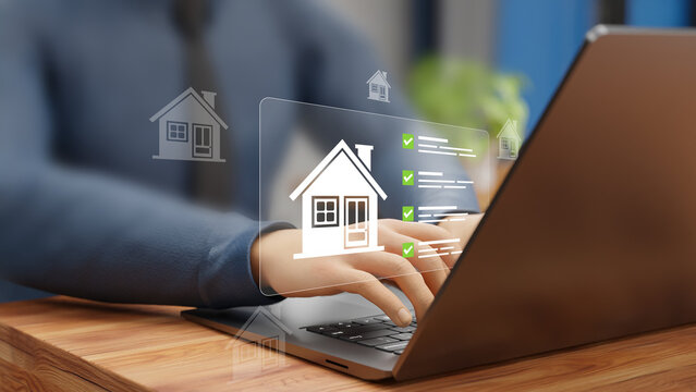 Real estate management, Professional analyzing property checklist using digital technology. Investment strategies, housing insurance, commercial enterprises, real estate opportunities. 3D illustration