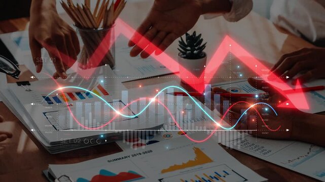 Business team collaborates on data analysis, featuring growth charts and reports on a wooden table, showcasing strategic planning and performance insights. Raster
