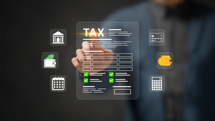 Online Tax Form, Tax Calculation, Compliance, Digital Forms, Income Reporting, Accounting Management, and Secure Tax Management. Person touching Tax return form on virtual screen. 3D illustration