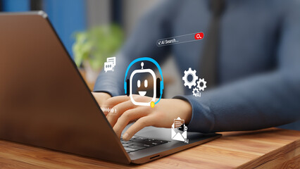 Smart AI Assistant for Business Automation, Productivity, Chatbot Support, Task Management, and Digital Transformation Tools. Person talking to AI chatbot for solutions on laptop. 3D illustration