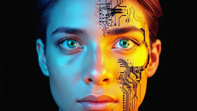 Tech-Enhanced Gaze: A striking visual of a woman's face split in two, with one half natural and the other transformed into a circuit board, symbolizing the fusion of human and technology.