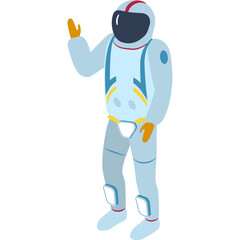 Astronaut Wearing A Light Blue Spacesuit With Yellow Accents And A White Helmet Waving His Hand Isolated On A White Background