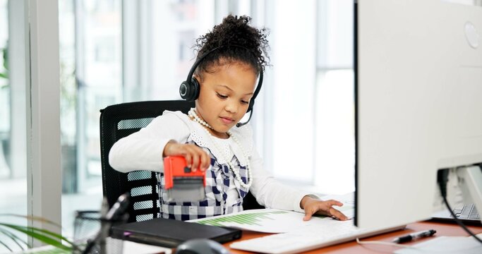 Paperwork, headset or child with stamp in office, business professional cosplay or corporate career. Computer, charts or girl with approval for project, performance review or finance analyst dressup - Powered by Adobe
