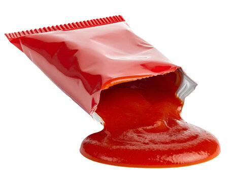 Red ketchup sachet torn open with thick tomato sauce pouring out, messy splash and flow, single-serve condiment packet on isolated background