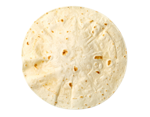 Round flour tortilla flatbread top view with toasted spots and soft texture, plain white wrap ready for tacos on isolated background
