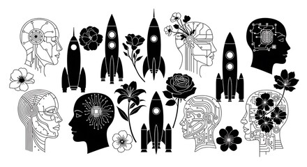 Collection of AI and Space Themed Silhouettes and Line Art.