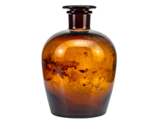 Amber apothecary glass bottle, vintage medicine jar with patina and stains, classic pharmacy container for display or storage on isolated background