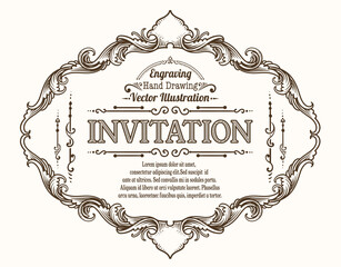 Ornate Hand Drawn Engraved Frame for Vintage Invitation Vector Illustration