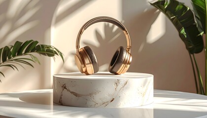 Elegant gold headphones rest on a marble pedestal, bathed in soft sunlight and lush greenery