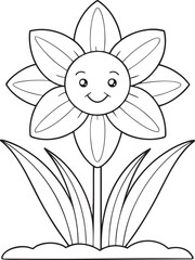 Happy cartoon daffodil flower line art for kids coloring book and cheerful springtime design illustration
