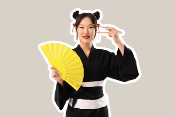 Beautiful Asian woman with paper fan and chopsticks on grey background