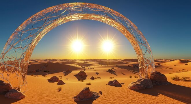 Crystalline arch frames dual suns setting over a barren desert landscape - Powered by Adobe