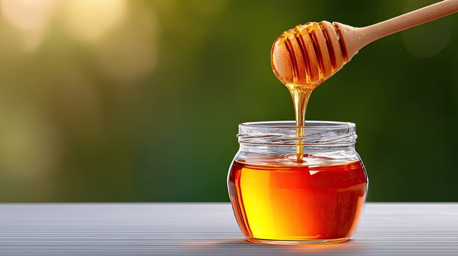 Golden Honey Pouring from Wooden Dipper into Glass Jar Outdoors with Soft Green Bokeh Background Natural Sunlight
