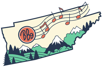 &ldquo;Tennessee state map with music, mountains, and BBQ, heritage vector&rdquo;