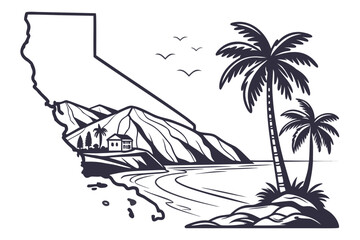 &ldquo;California state silhouette with coast, mountains, and palms, minimalist vector&rdquo;