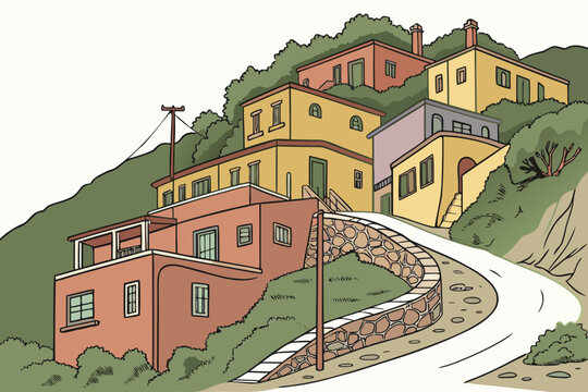 &ldquo;Bisbee Arizona colorful hillside homes, artistic vector&rdquo;