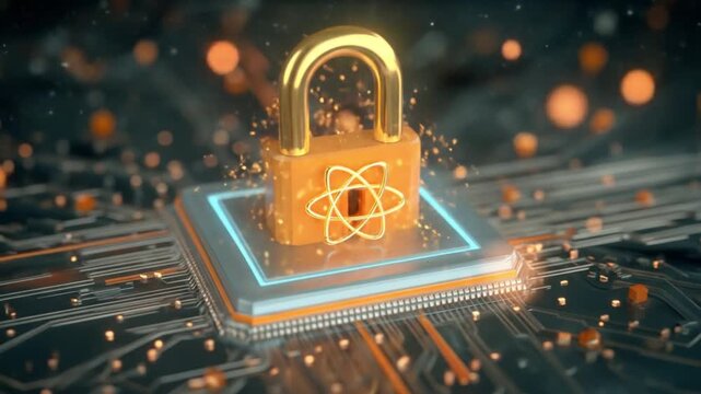 Glowing orange padlock perched on a circuit platform, atom motif radiating security across sparks!!
