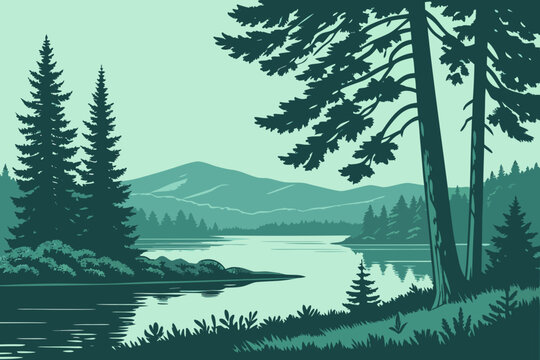 &ldquo;Rangeley Maine lake and forest scene, tranquil vector&rdquo;