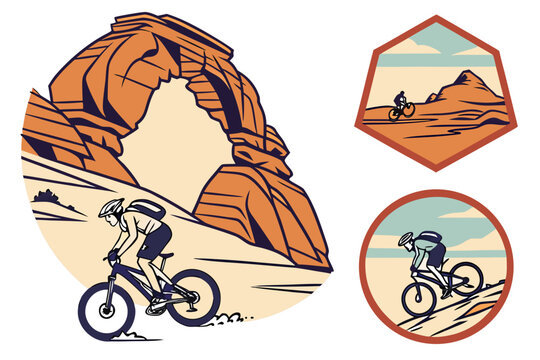 &ldquo;Moab arches and biking icons, adventure vector&rdquo;