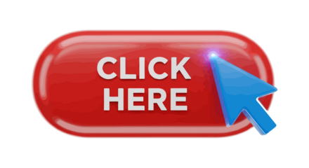 Red click here button with blue cursor isolated on transparent background