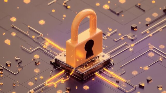 A golden padlock sits atop a microchip on a purple circuit board, signaling hardware security. tech