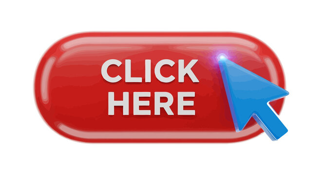 Red click here button with blue cursor isolated on transparent background
