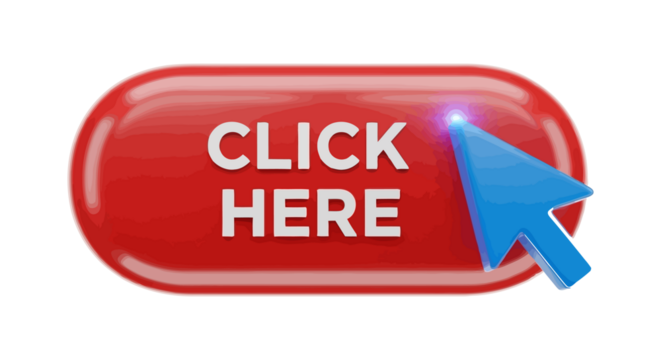 Red click here button with blue cursor isolated on transparent background