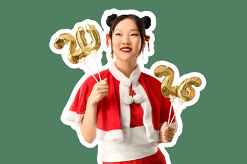 Beautiful Asian woman in Santa costume and with balloons in shape of figure 2026 on green background