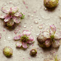 Seamless pastel pink dried flowers texture with water droplets, tileable background