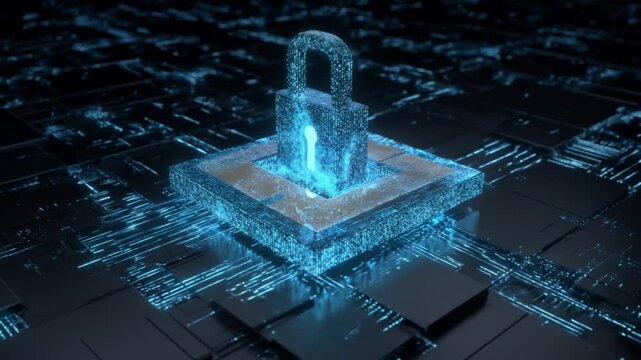 Glowing blue padlock atop a digital platform amid circuitry,now symbolizing secure cyber protections