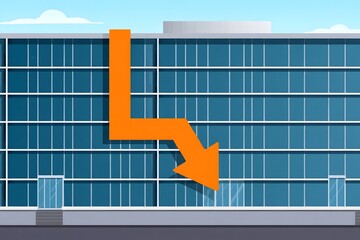 Falling market depicted by downward arrow against a modern office building facade design