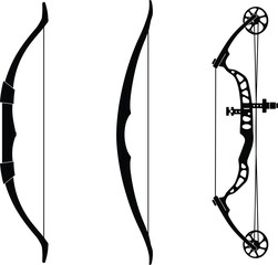 Archery bow silhouette set, recurve longbow compound vector, hunting gear icons, editable flat illustration, black isolated design elements