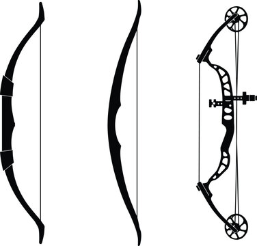 Archery bow silhouette set, recurve longbow compound vector, hunting gear icons, editable flat illustration, black isolated design elements