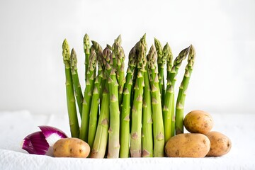 Fresh asparagus spears with red onion and potatoes on a white surface studio shot