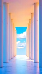 Hallway of columns leading to blue sky and clouds, architectural perspective view