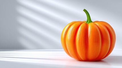 Vibrant orange pumpkin with textured rind and green stem sits on a white surface with dramatic light and shadow patterns cast on a soft gray background