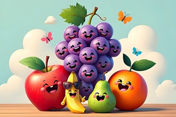 Happy cartoon fruits with smiling faces posing together on a wooden surface outdoors