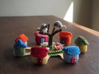 Knitted village with birds on a tree is a whimsical and charming miniature scene crafted