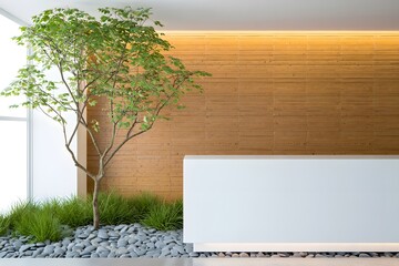 Interior design with tree and reception desk featuring natural elements style