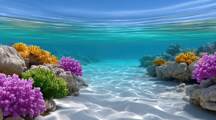 Vibrant Underwater Coral Reef Scene With Colorful Corals and Sunlight Shining Through Clear Blue Water Onto Sandy Seabed