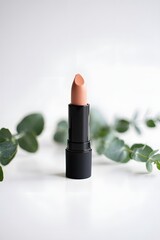 Lipstick on white background with eucalyptus leaves for beauty and makeup concept