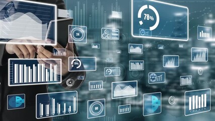 A professional setting showcasing a person using a smartphone amidst a variety of dynamic digital data visualizations and business analytics, set against a city background. Xenic - Powered by Adobe