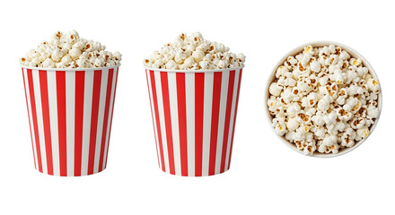 Three containers filled with popcorn against a black background in a studio setting view from above