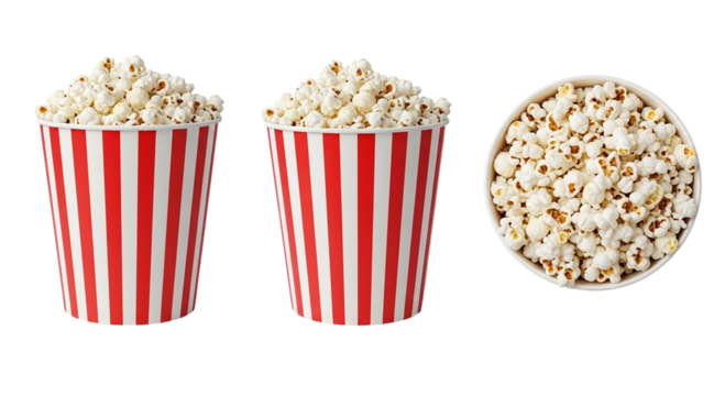 Three containers filled with popcorn against a black background in a studio setting view from above