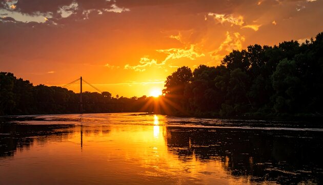 Golden hour view. Bridge silhouette stretches over a calm river reflecting fiery sky. Trees frame the water's edge, enhancing dramatic sunset - Powered by Adobe